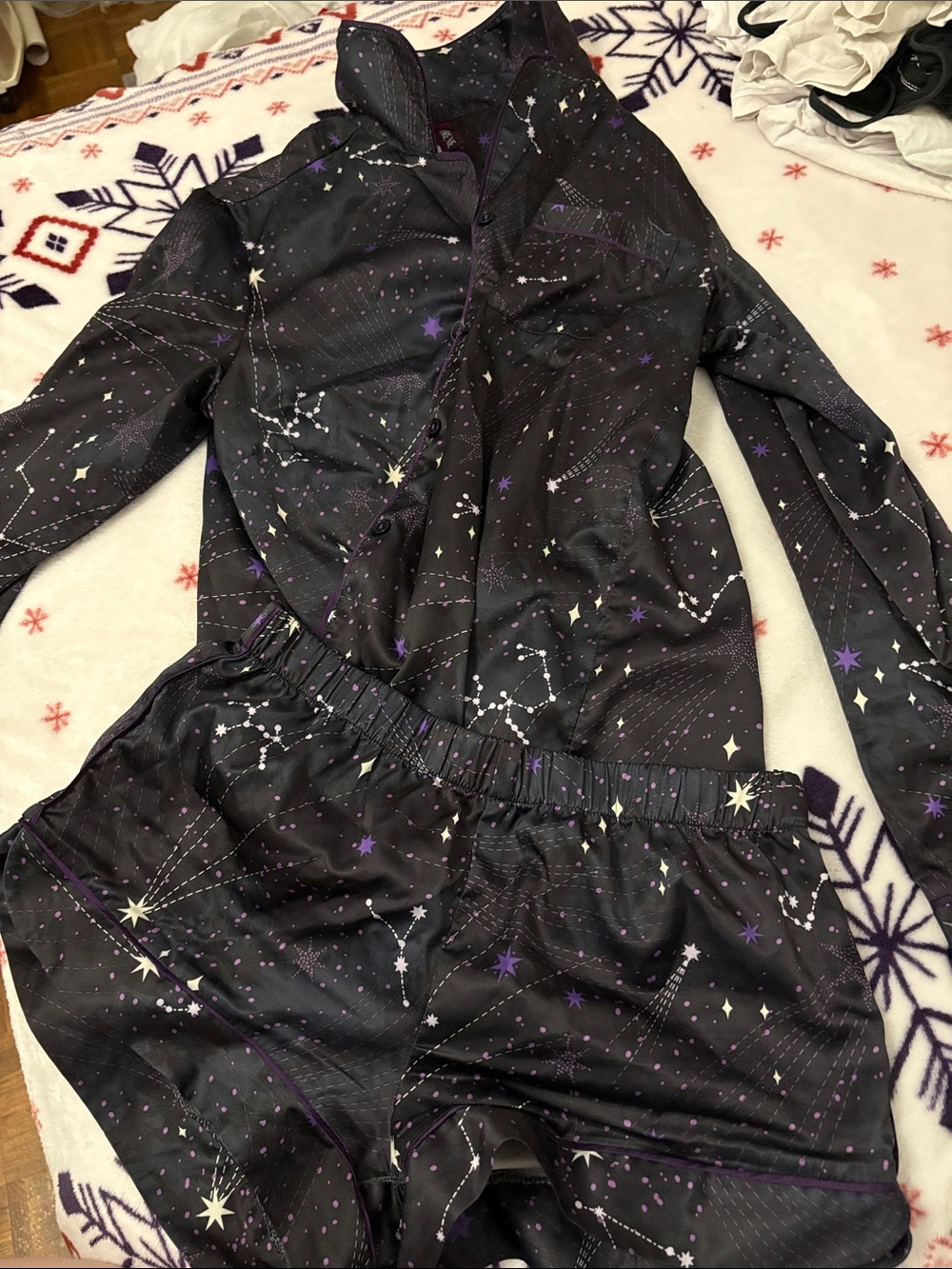 Adore Me Satin PJ Set XS (top and bottom) galaxy/star print
